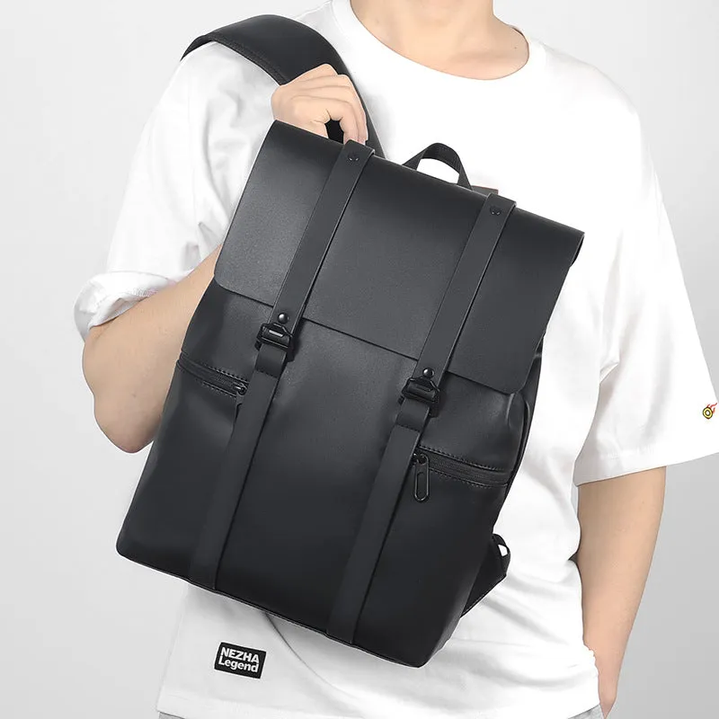 Commuter Backpack Men's PU Leather Waterproof Large Capacity Student Schoolbag Business Lightweight Notebook Backpack Travel Backpack
