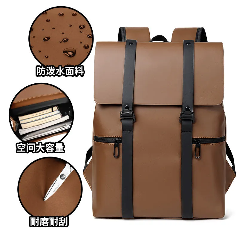 Commuter Backpack Men's PU Leather Waterproof Large Capacity Student Schoolbag Business Lightweight Notebook Backpack Travel Backpack