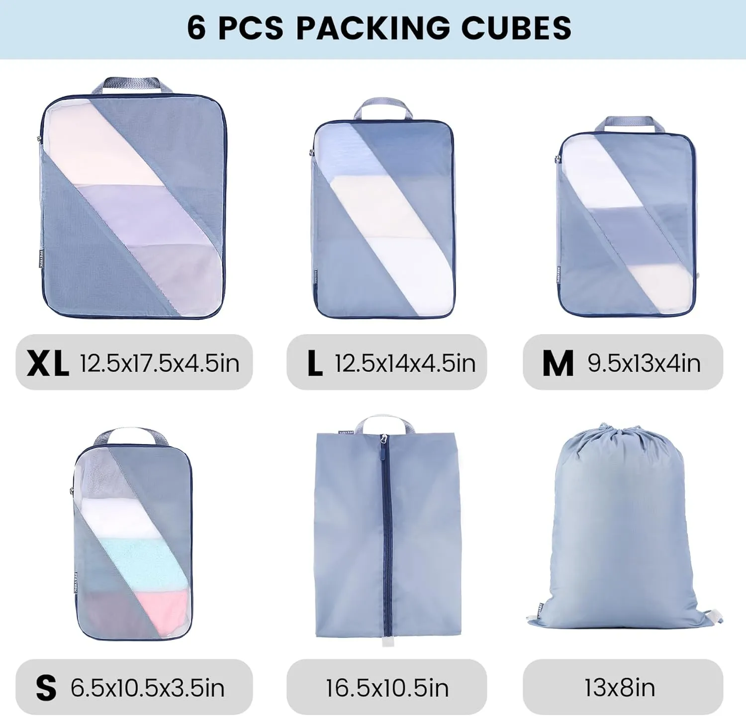 Compression Packing Cubes Set of 6, Travel Luggage Organizer for Suitcase, Packing Organizers for Travel Accessories, Breathable See Through Mesh, Durable Lightweight with Shoe Bags