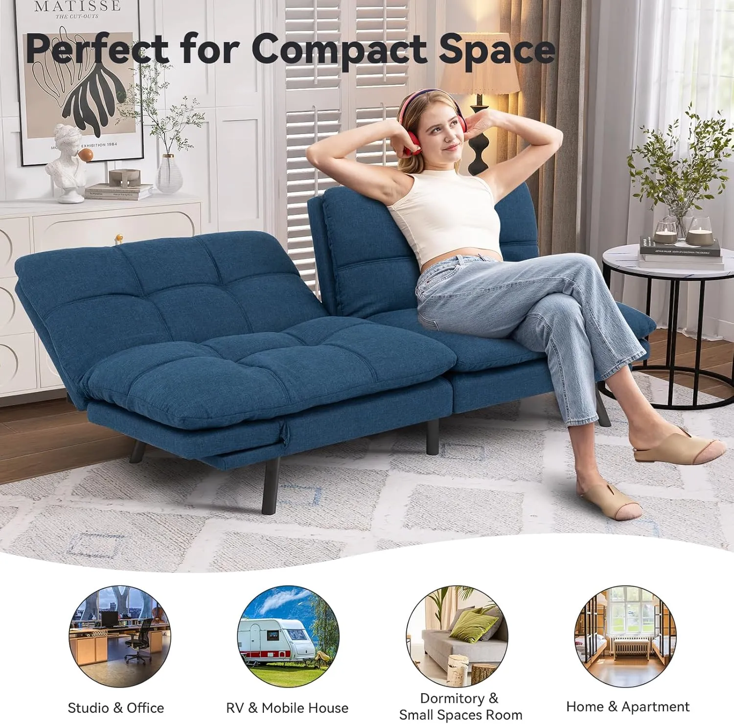 Convertible Futon Sofa Couch,Memory Foam Futon Couch Bed,Loveseat Sleeper Sofa Bed,Linen Fabric Small Splitback Modern Folding Sofa Bed for Living Room,Office,Apartment,Navy Blue