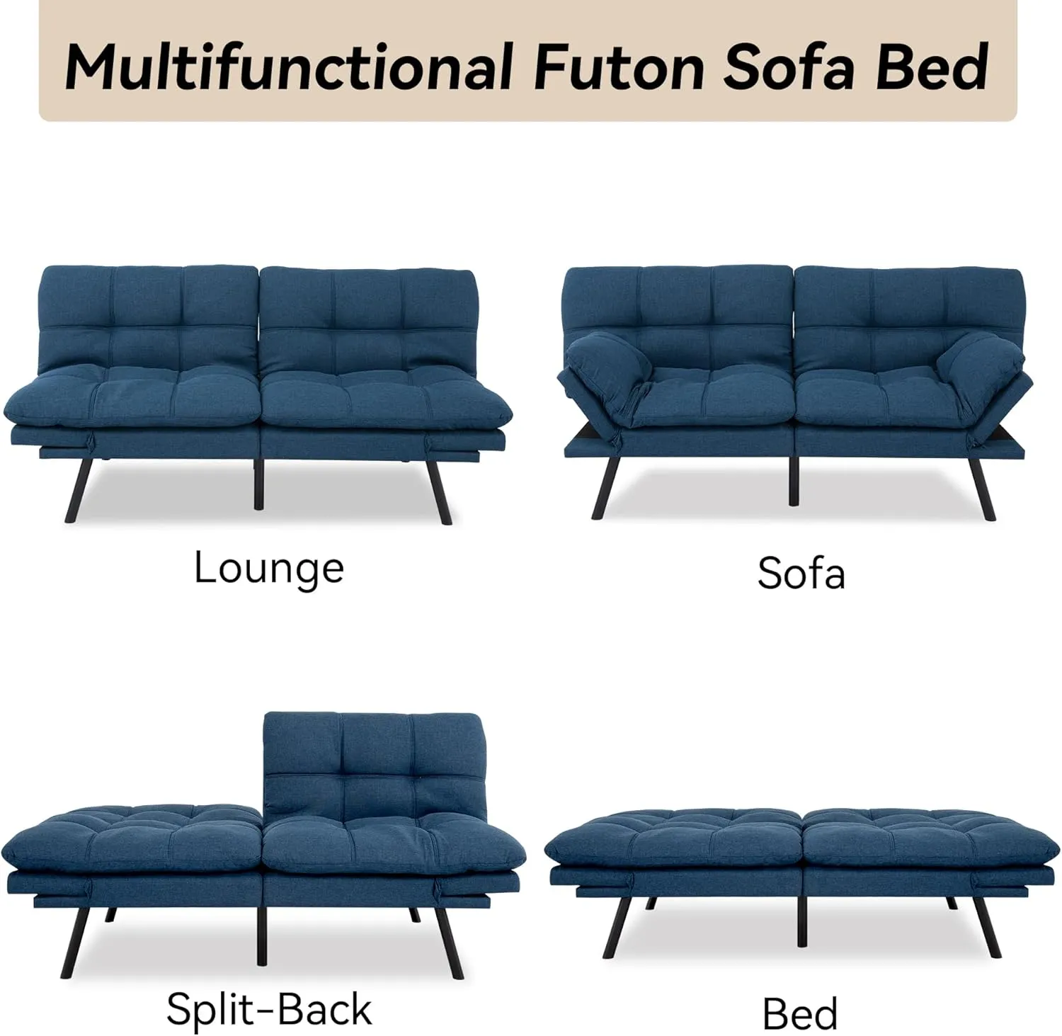 Convertible Futon Sofa Couch,Memory Foam Futon Couch Bed,Loveseat Sleeper Sofa Bed,Linen Fabric Small Splitback Modern Folding Sofa Bed for Living Room,Office,Apartment,Navy Blue
