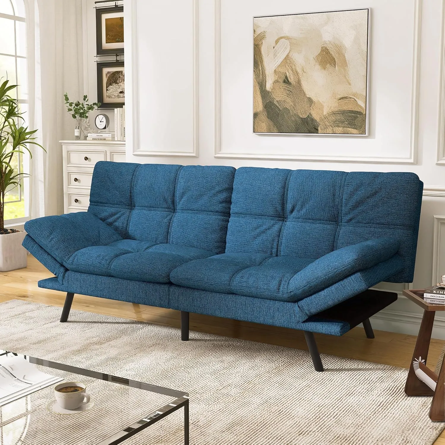 Convertible Futon Sofa Couch,Memory Foam Futon Couch Bed,Loveseat Sleeper Sofa Bed,Linen Fabric Small Splitback Modern Folding Sofa Bed for Living Room,Office,Apartment,Navy Blue
