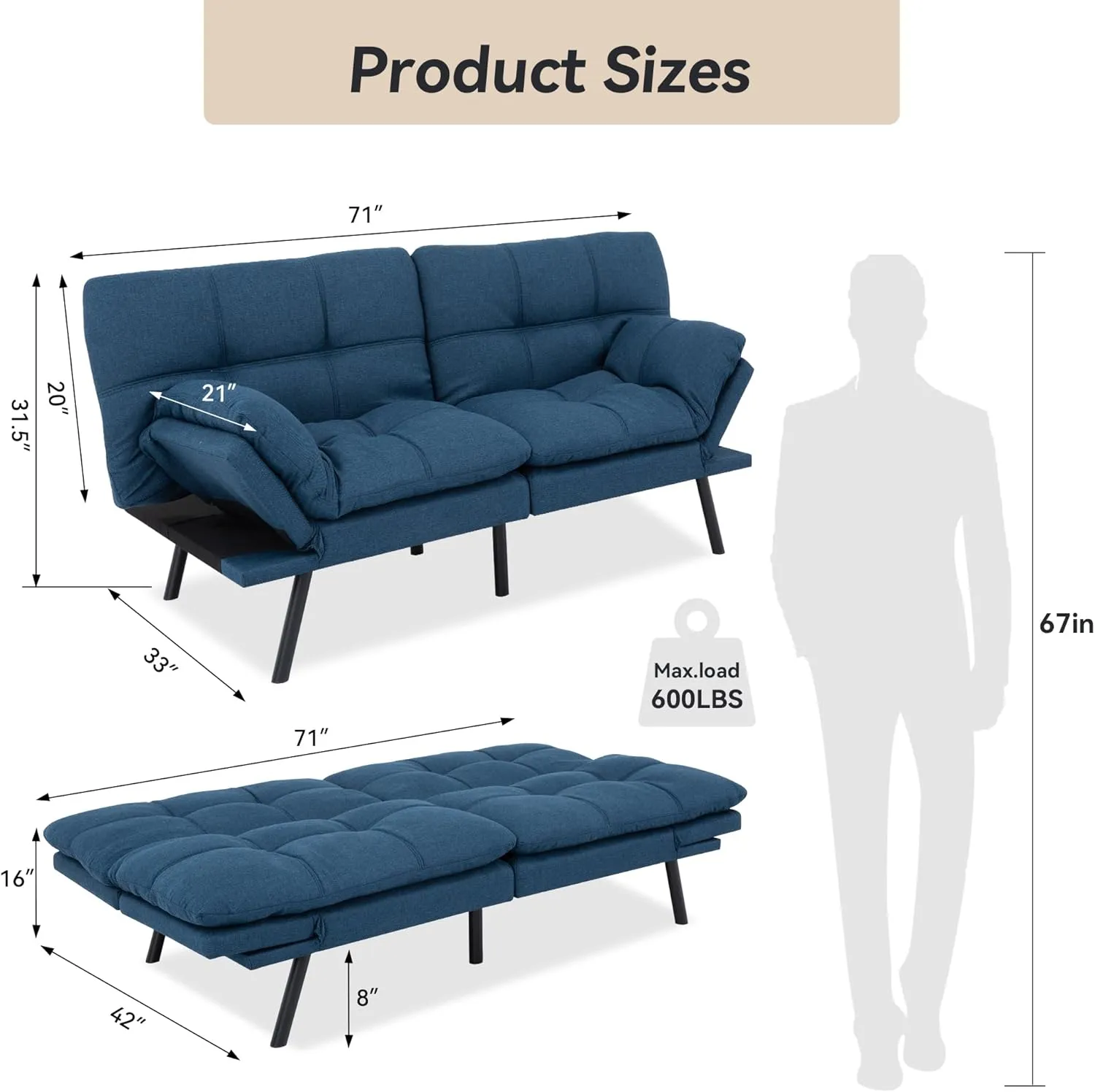 Convertible Futon Sofa Couch,Memory Foam Futon Couch Bed,Loveseat Sleeper Sofa Bed,Linen Fabric Small Splitback Modern Folding Sofa Bed for Living Room,Office,Apartment,Navy Blue