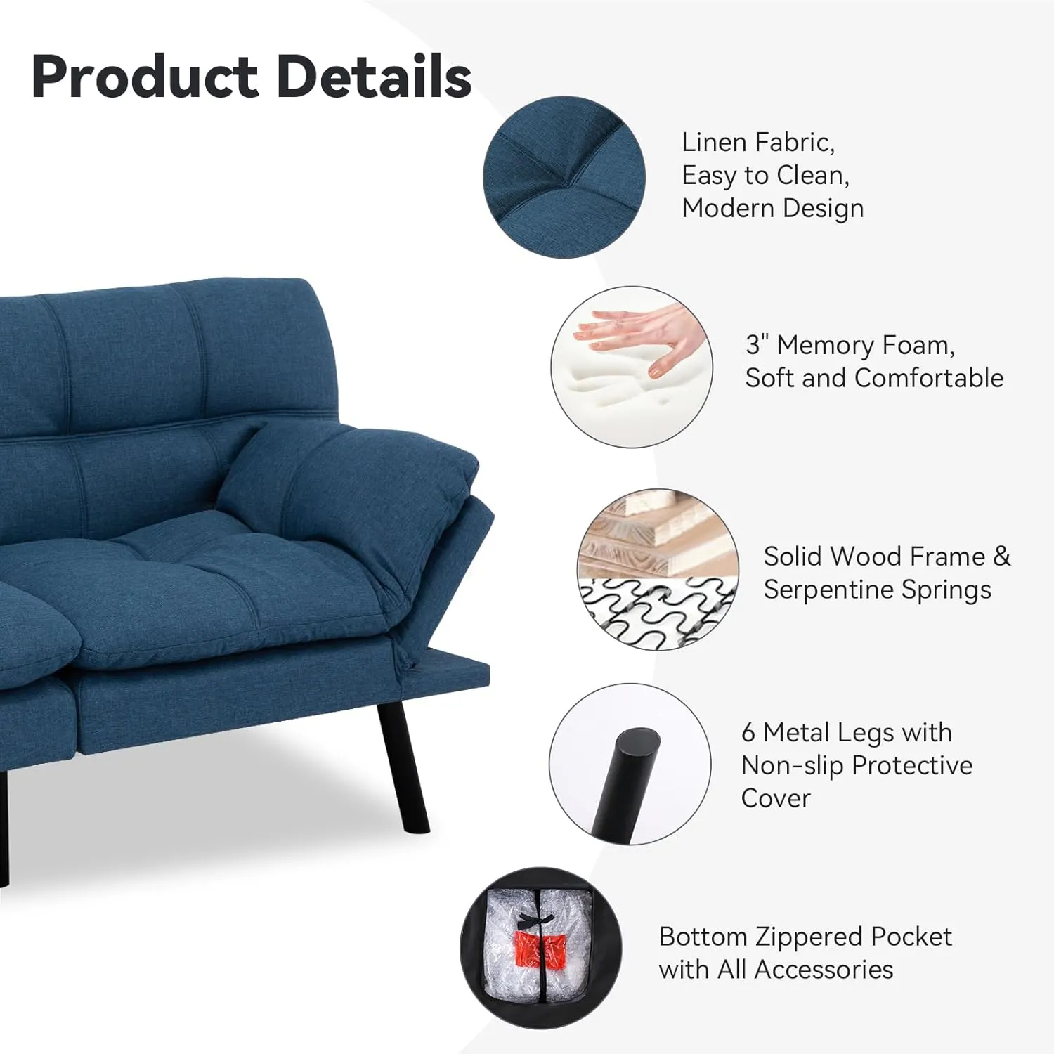 Convertible Futon Sofa Couch,Memory Foam Futon Couch Bed,Loveseat Sleeper Sofa Bed,Linen Fabric Small Splitback Modern Folding Sofa Bed for Living Room,Office,Apartment,Navy Blue