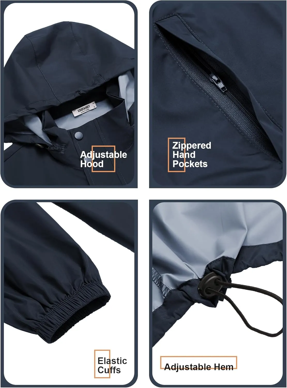 COOFANDY Men's Rain Jacket Waterproof Packable Raincoat Lightweight Rain Shell Hood Travel Golf Hiking Cycling Zip Pockets