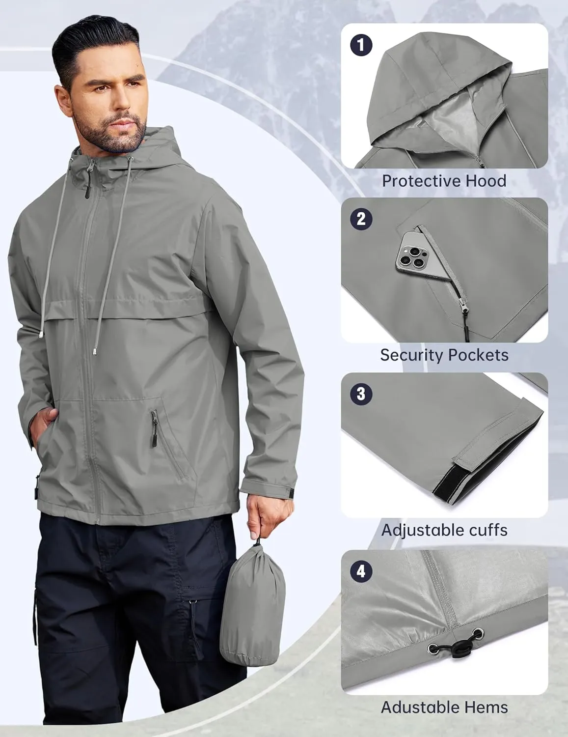 COOFANDY Men's Rain Jacket Waterproof with Hood Packable Rain Coat Lightweight Windbreaker for Hiking Golf Outdoor