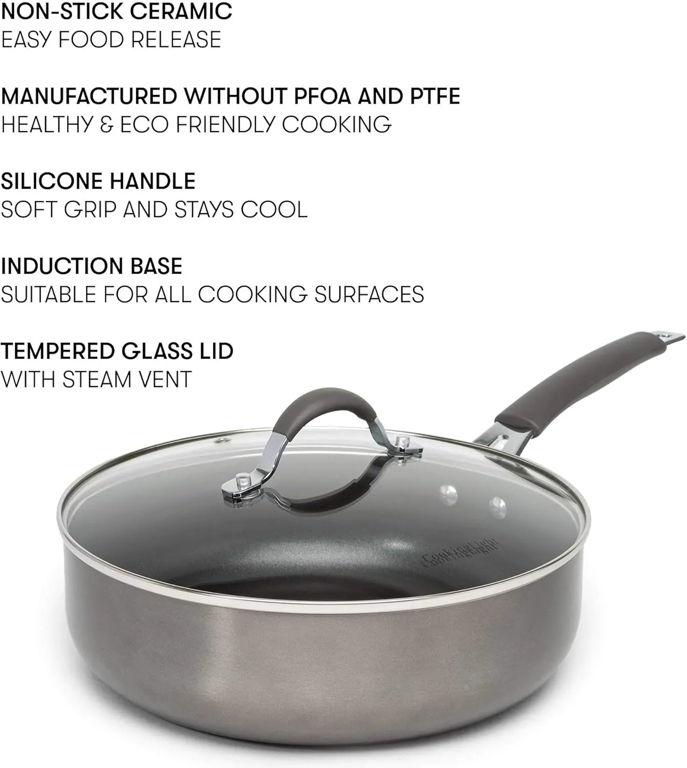 Cooking Light Nonstick Ceramic Deep Cooker, Dishwasher Safe, Scratch Resistant, Easy Food Release Interior, Cool Touch Handle and Even Heating Base, 4-Quart Jumbo Cooker, Gray
