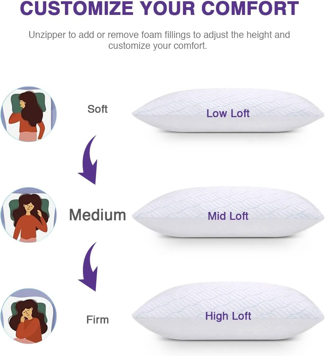 Cooling King Size Pillows, Pillow King Size Set of 2 Shredded Memory Foam, Cool Cold for Sleeping with Zipper, Adjustable Firmness to Hot, Side, Back and Stomach Sleepers, 2 Pack, 20x36