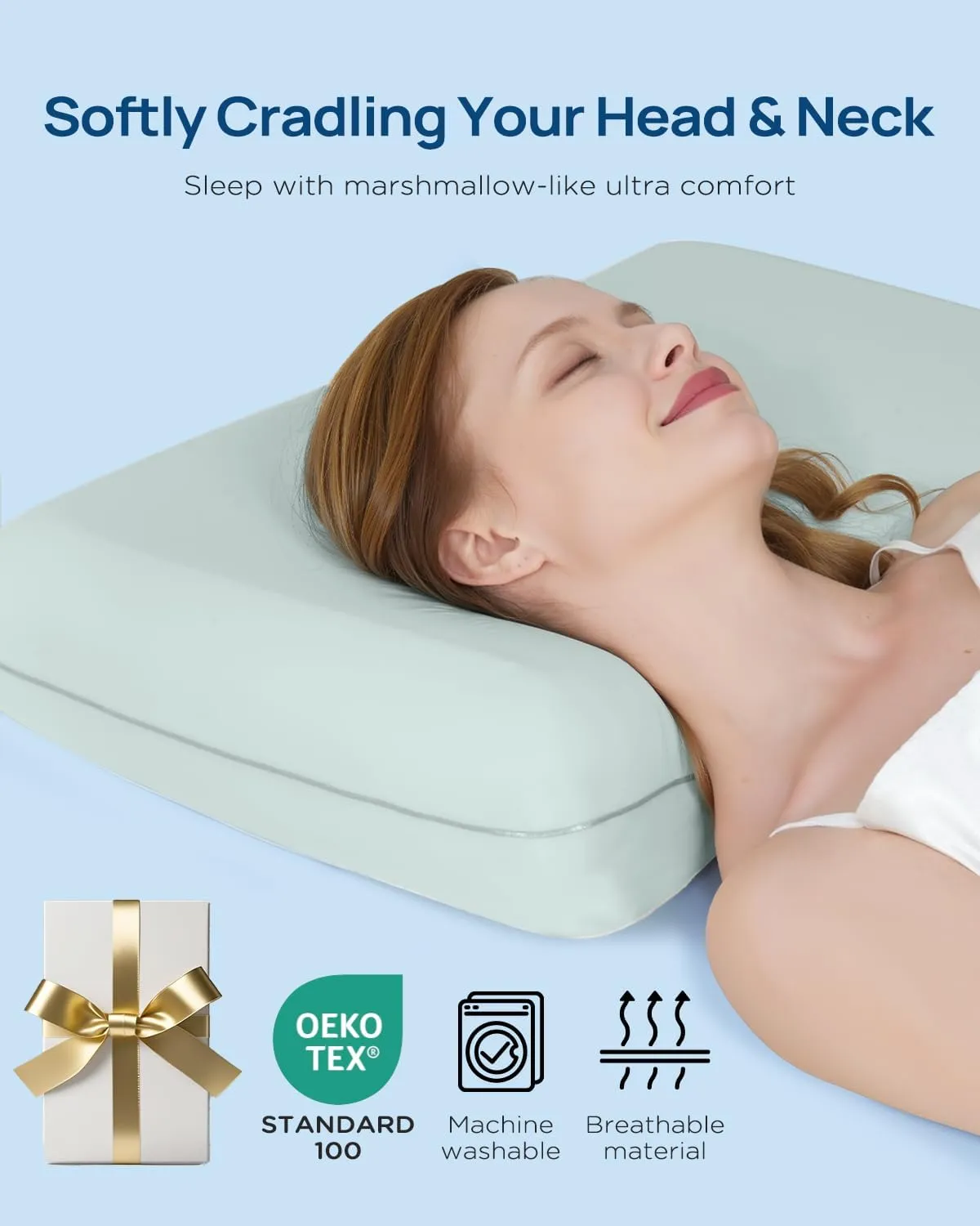 Cooling Soft Memory Foam Pillow, Cervical Neck Pillow for Side Sleepers, Back & Stomach Sleepers, Ergonomic Orthopedic Design for Neck Pain Relief and Deep Sleep, CertiPUR-US, Eggshell Blue
