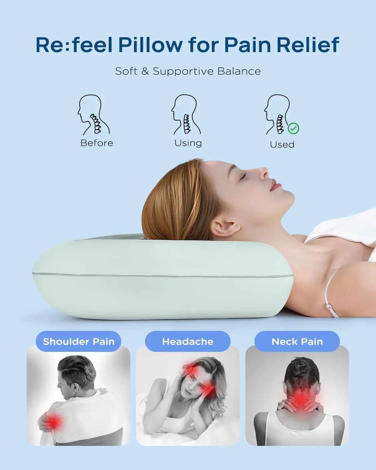 Cooling Soft Memory Foam Pillow, Cervical Neck Pillow for Side Sleepers, Back & Stomach Sleepers, Ergonomic Orthopedic Design for Neck Pain Relief and Deep Sleep, CertiPUR-US, Eggshell Blue