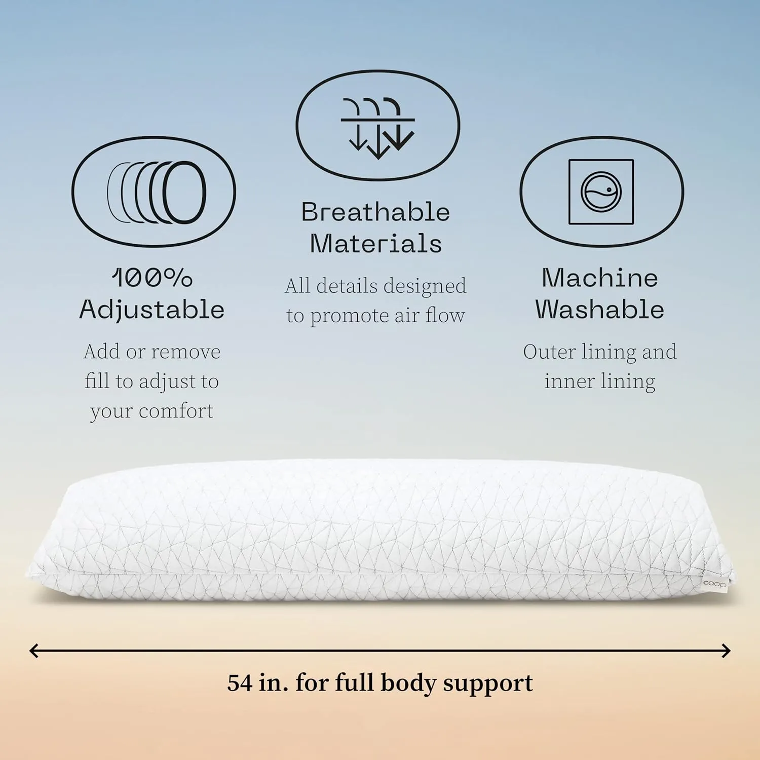 Coop Home Goods Original Adjustable Body Pillow, 20x54 Long Pillow for Back, Shoulder, Hip and Knee Support, Side Sleeper Body Pillows for Adults with Memory Foam & Washable Cover