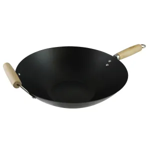 Cormac 13.7 Inch Traditional Flat Bottom Carbon Steel Wok Wooden Handles