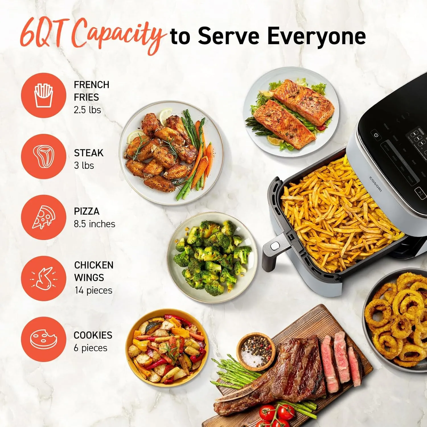 COSORI Air Fryer 9-in-1, Compact but Large 6 Qt, 5 Fast Fan Speeds with 450F for Ultra Crsipy, 95% Less Oil, 100  In-App Recipes, Roast, Bake, Dehydrate, Reheat, Broil, Proof, Ceramic