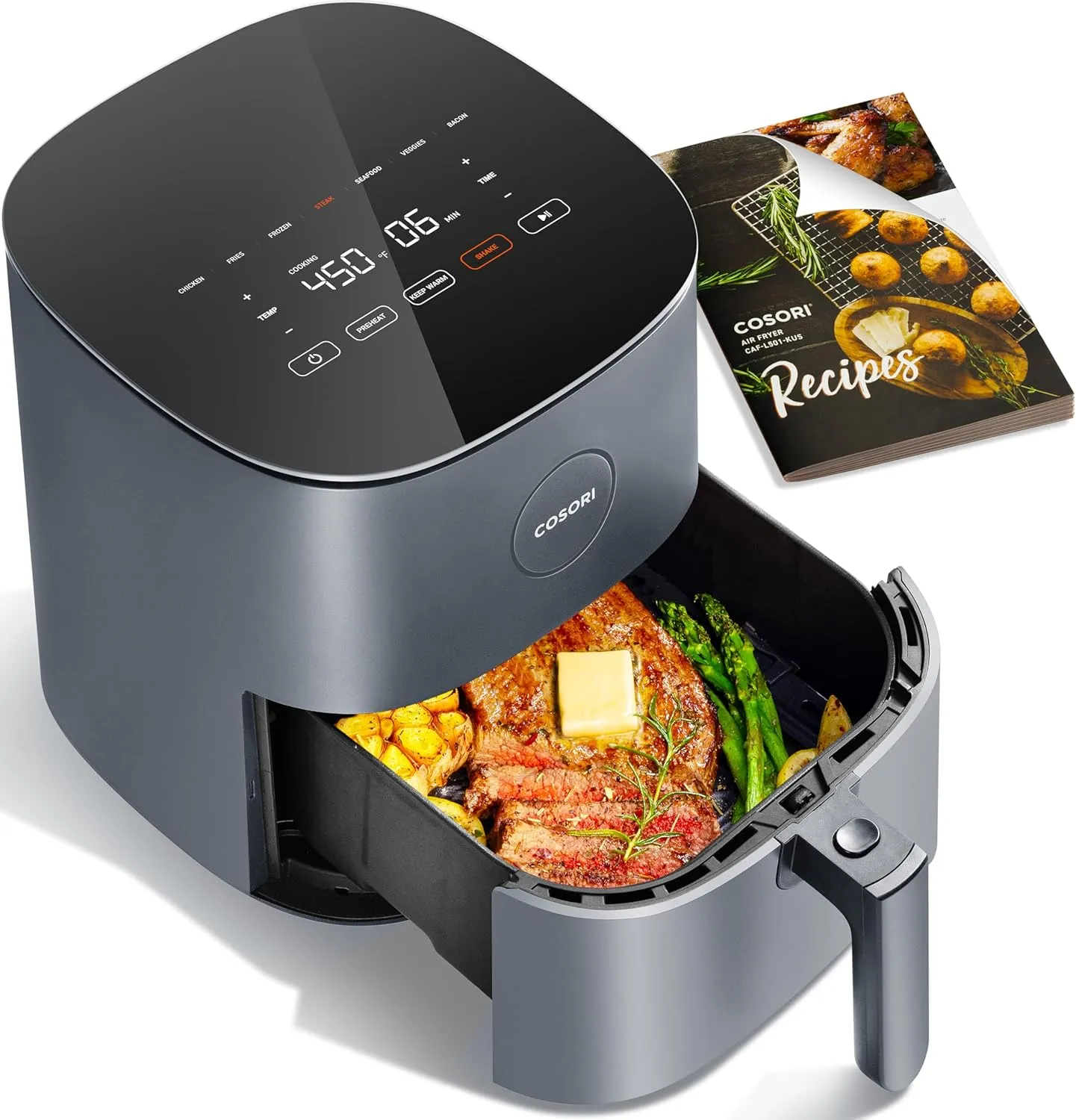 COSORI Air Fryer Pro 9-in-1, Compact 5QT, 450℉: Half Time & Chef-Grade Cook, One-Wipe Clean Glass Panel, 130  In-App Recipes with Nutritional Info, Nonstick & Dishwasher-Safe Basket, Gray
