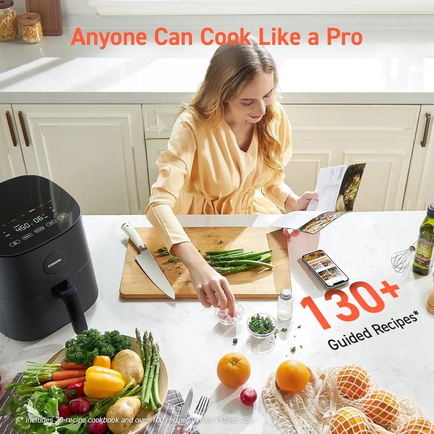 COSORI Air Fryer Pro 9-in-1, Compact 5QT, 450℉: Half Time & Chef-Grade Cook, One-Wipe Clean Glass Panel, 130  In-App Recipes with Nutritional Info, Nonstick & Dishwasher-Safe Basket, Gray