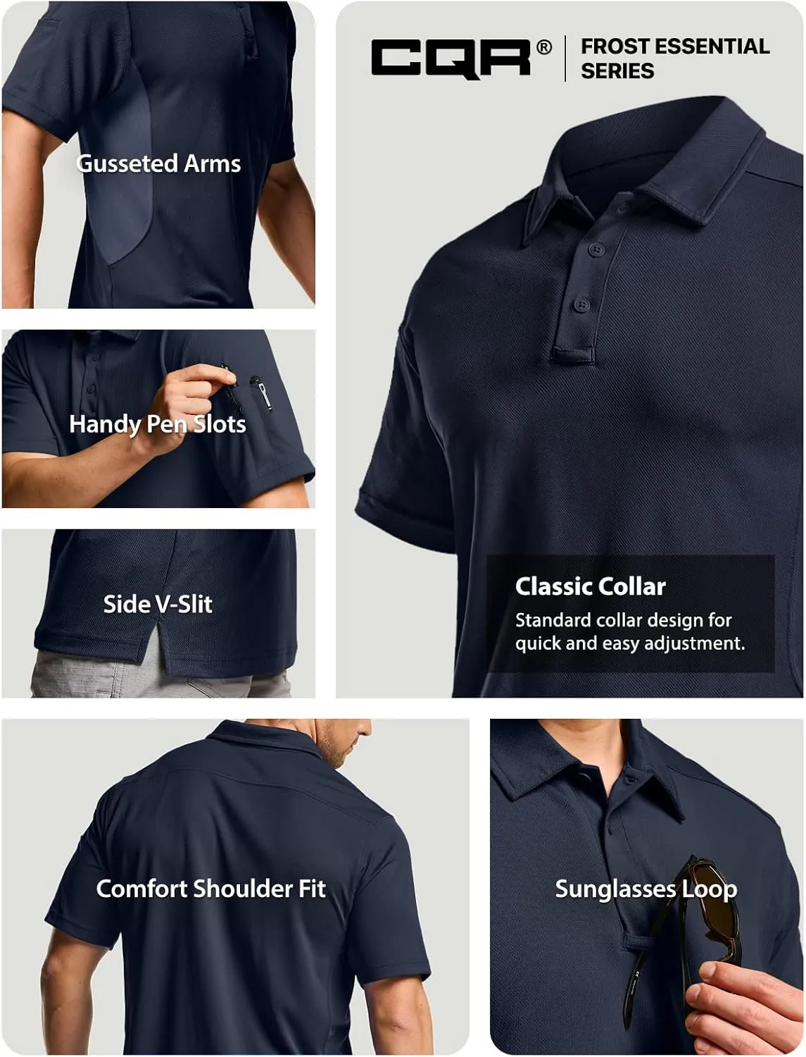 CQR Men's Polo Shirts, Tactical Short Sleeve Golf Performance Shirts, Lightweight Dry Fit UPF 50  Pique