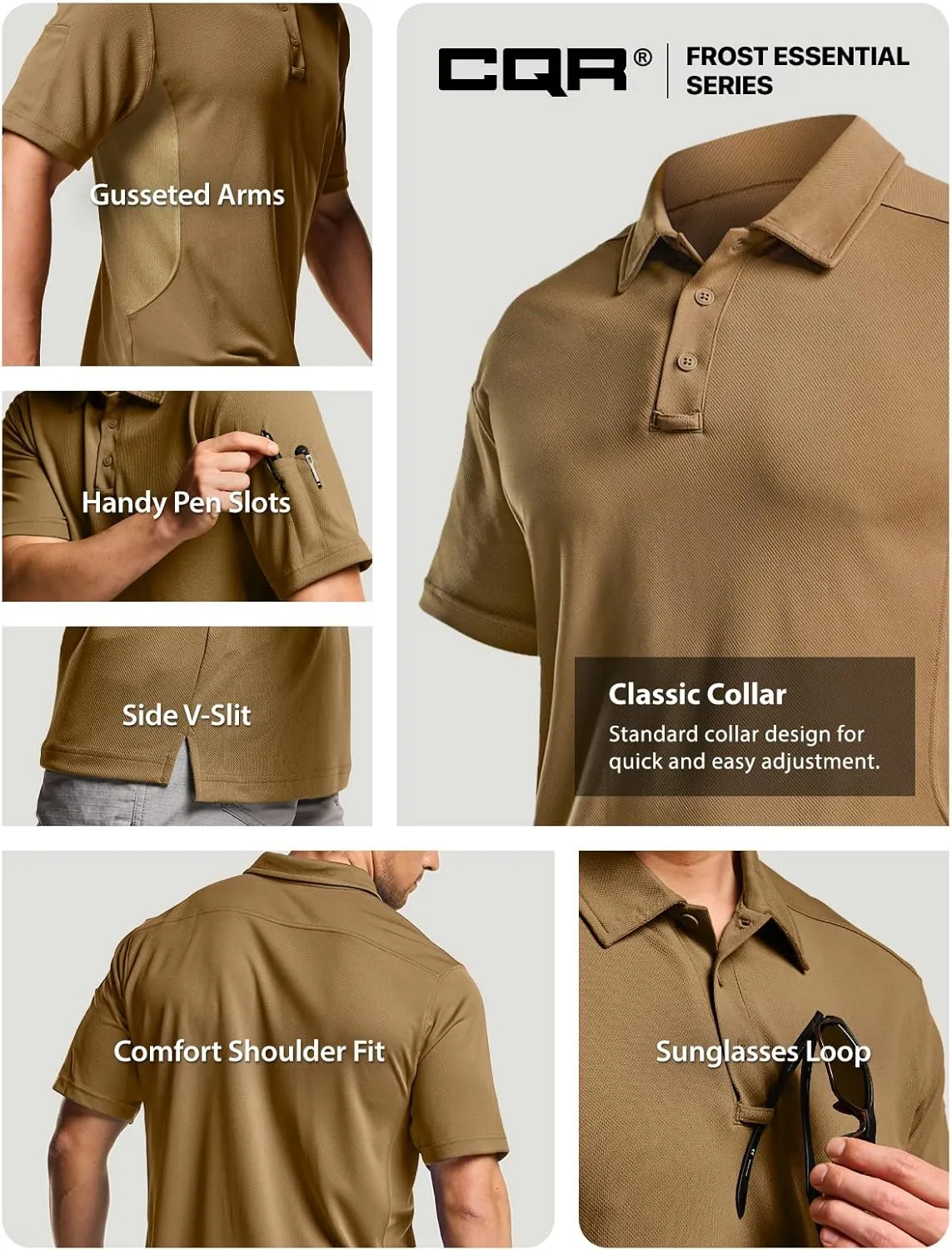 CQR Men's Polo Shirts, Tactical Short Sleeve Golf Performance Shirts, Lightweight Dry Fit UPF 50  Pique
