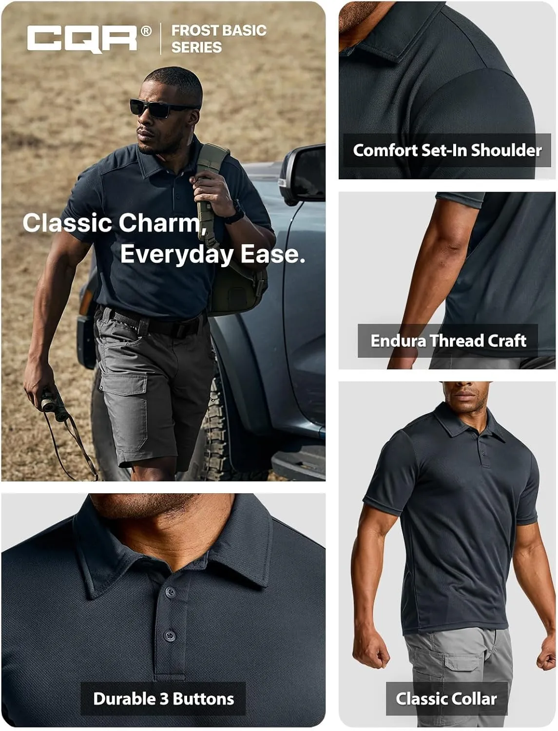 CQR Men's Polo Shirts, Tactical Short Sleeve Golf Performance Shirts, Lightweight Dry Fit UPF 50  Pique