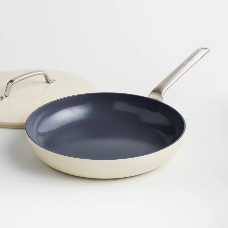Crate & Barrel EvenCook Ceramic Cream Ceramic Nonstick 12" Fry Pan with Lid