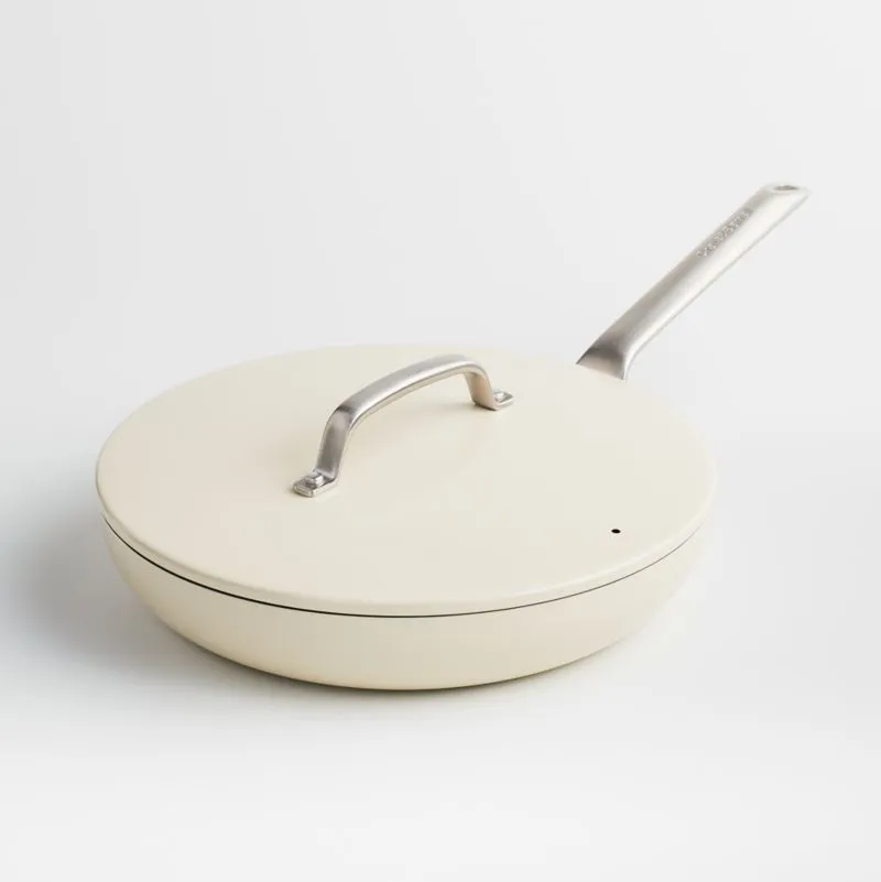 Crate & Barrel EvenCook Ceramic Cream Ceramic Nonstick 12" Fry Pan with Lid
