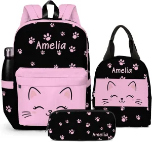Custom Backpack for Girls, Lightweight Backpack Set with Lunch Bag and Pencil Case 3 pcs, Schoolbag for Elementary Junior High School Students 6-8 10-12 14-18, BlackPink-Kitten