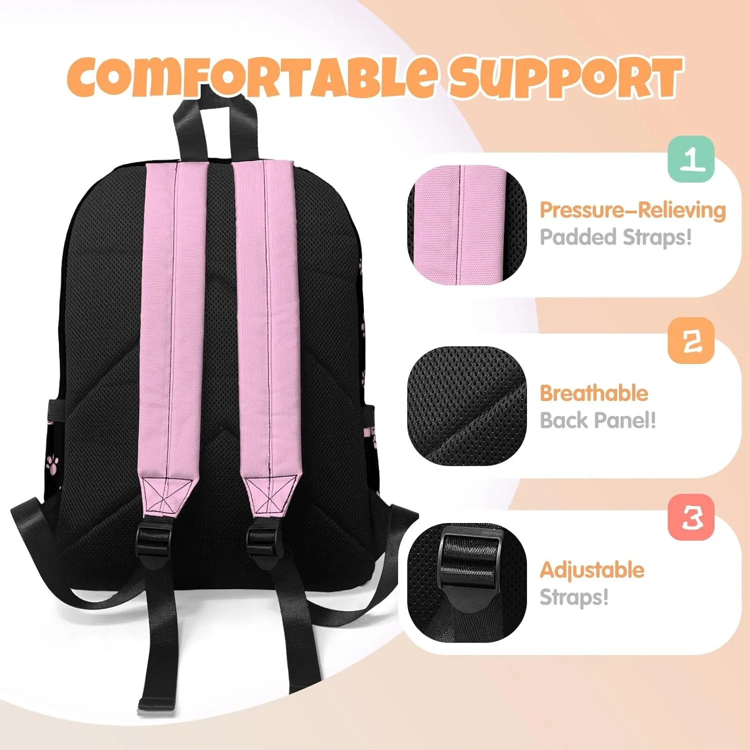 Custom Backpack for Girls, Lightweight Backpack Set with Lunch Bag and Pencil Case 3 pcs, Schoolbag for Elementary Junior High School Students 6-8 10-12 14-18, BlackPink-Kitten
