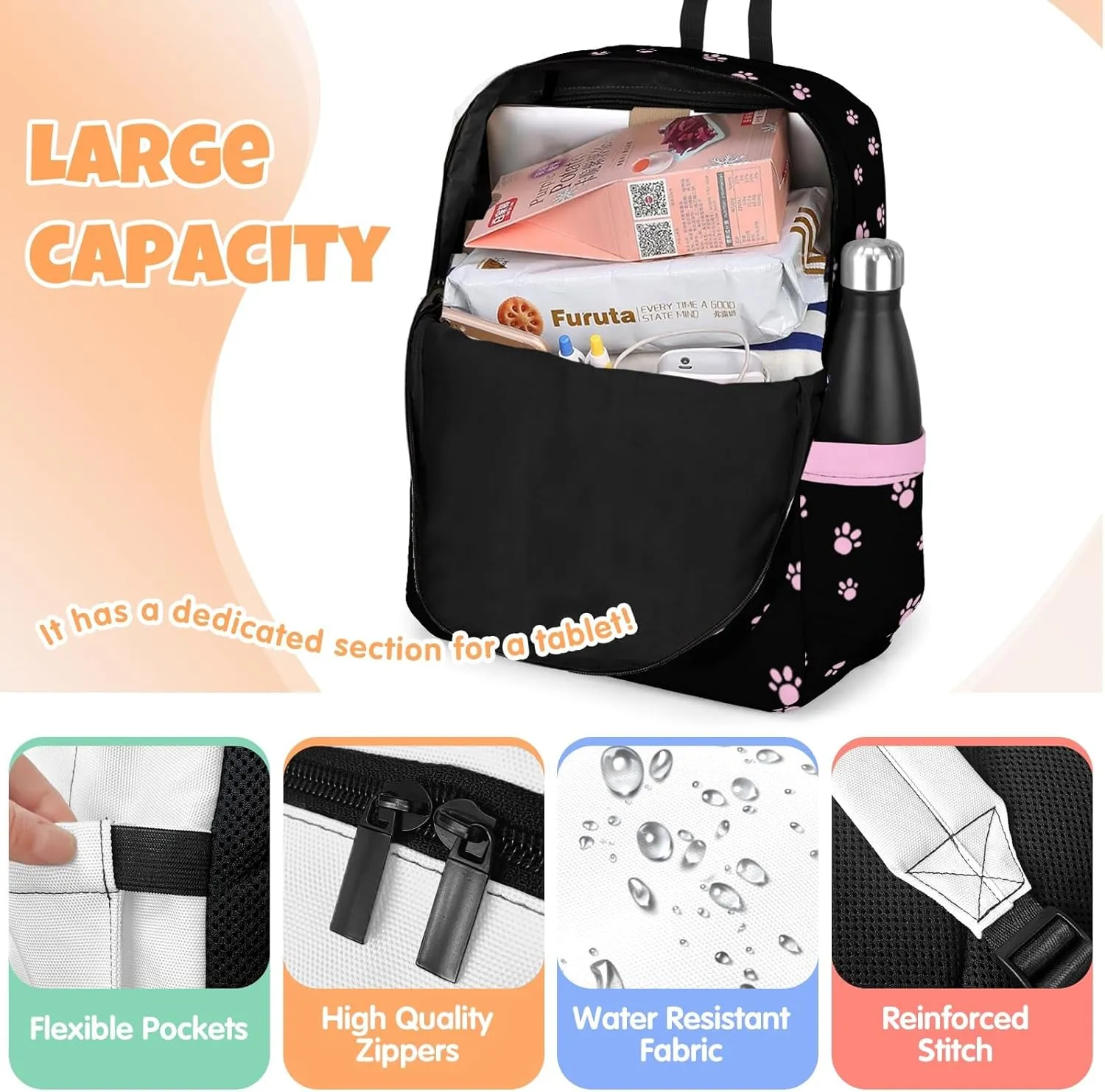 Custom Backpack for Girls, Lightweight Backpack Set with Lunch Bag and Pencil Case 3 pcs, Schoolbag for Elementary Junior High School Students 6-8 10-12 14-18, BlackPink-Kitten