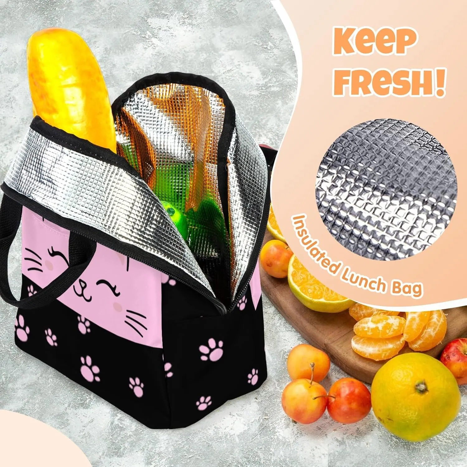 Custom Backpack for Girls, Lightweight Backpack Set with Lunch Bag and Pencil Case 3 pcs, Schoolbag for Elementary Junior High School Students 6-8 10-12 14-18, BlackPink-Kitten