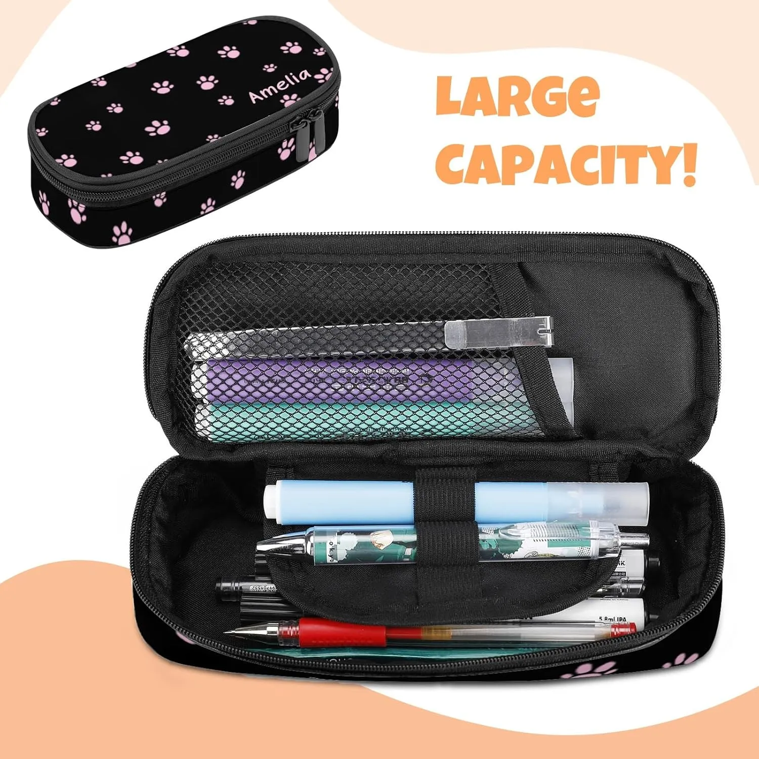 Custom Backpack for Girls, Lightweight Backpack Set with Lunch Bag and Pencil Case 3 pcs, Schoolbag for Elementary Junior High School Students 6-8 10-12 14-18, BlackPink-Kitten