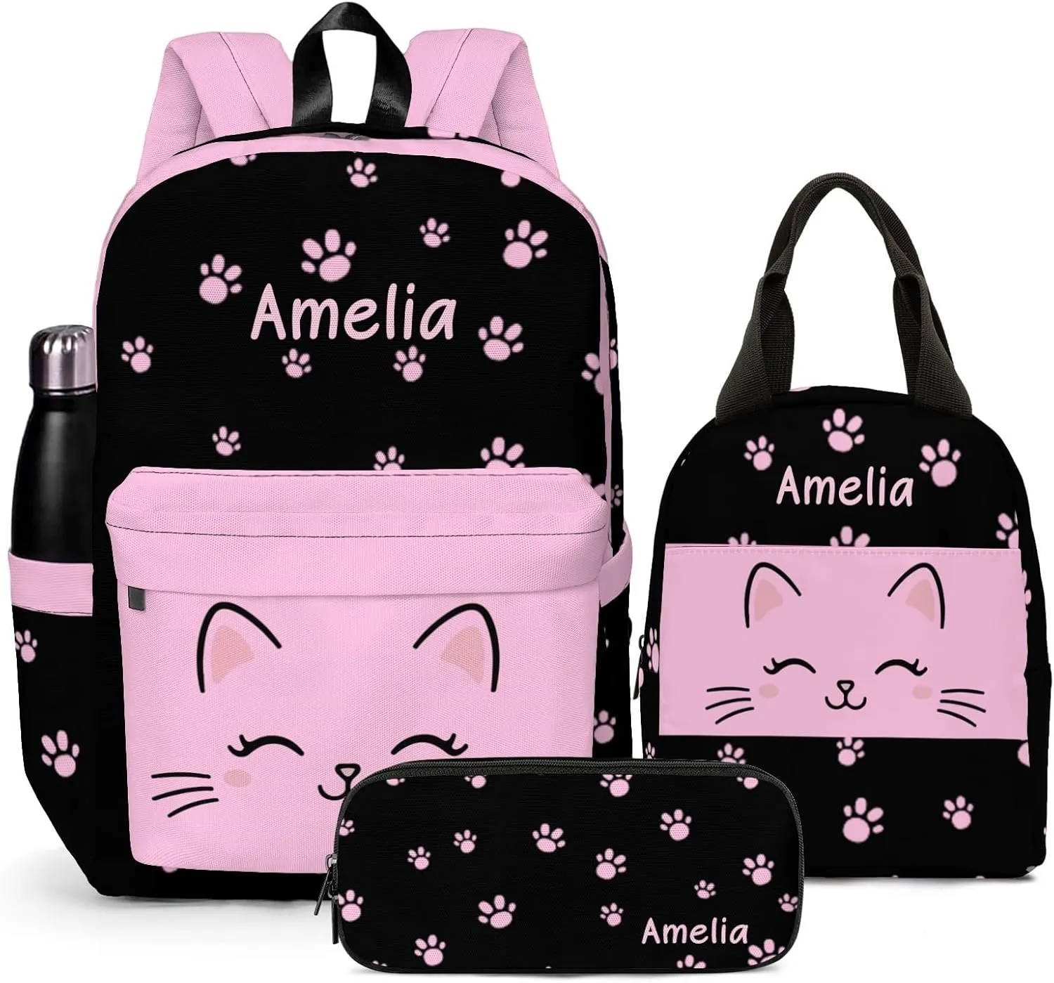 Custom Backpack for Girls, Lightweight Backpack Set with Lunch Bag and Pencil Case 3 pcs, Schoolbag for Elementary Junior High School Students 6-8 10-12 14-18, BlackPink-Kitten