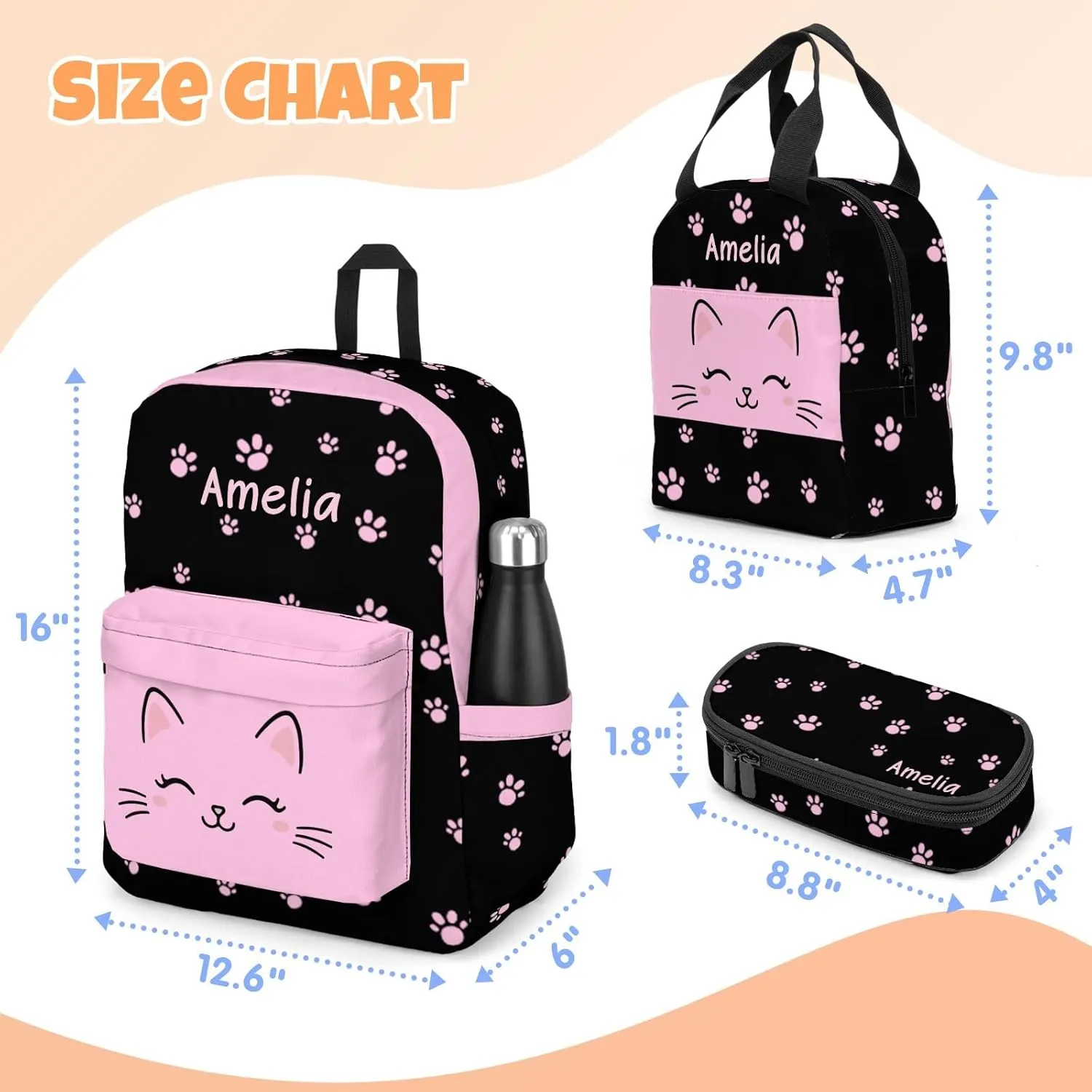 Custom Backpack for Girls, Lightweight Backpack Set with Lunch Bag and Pencil Case 3 pcs, Schoolbag for Elementary Junior High School Students 6-8 10-12 14-18, BlackPink-Kitten