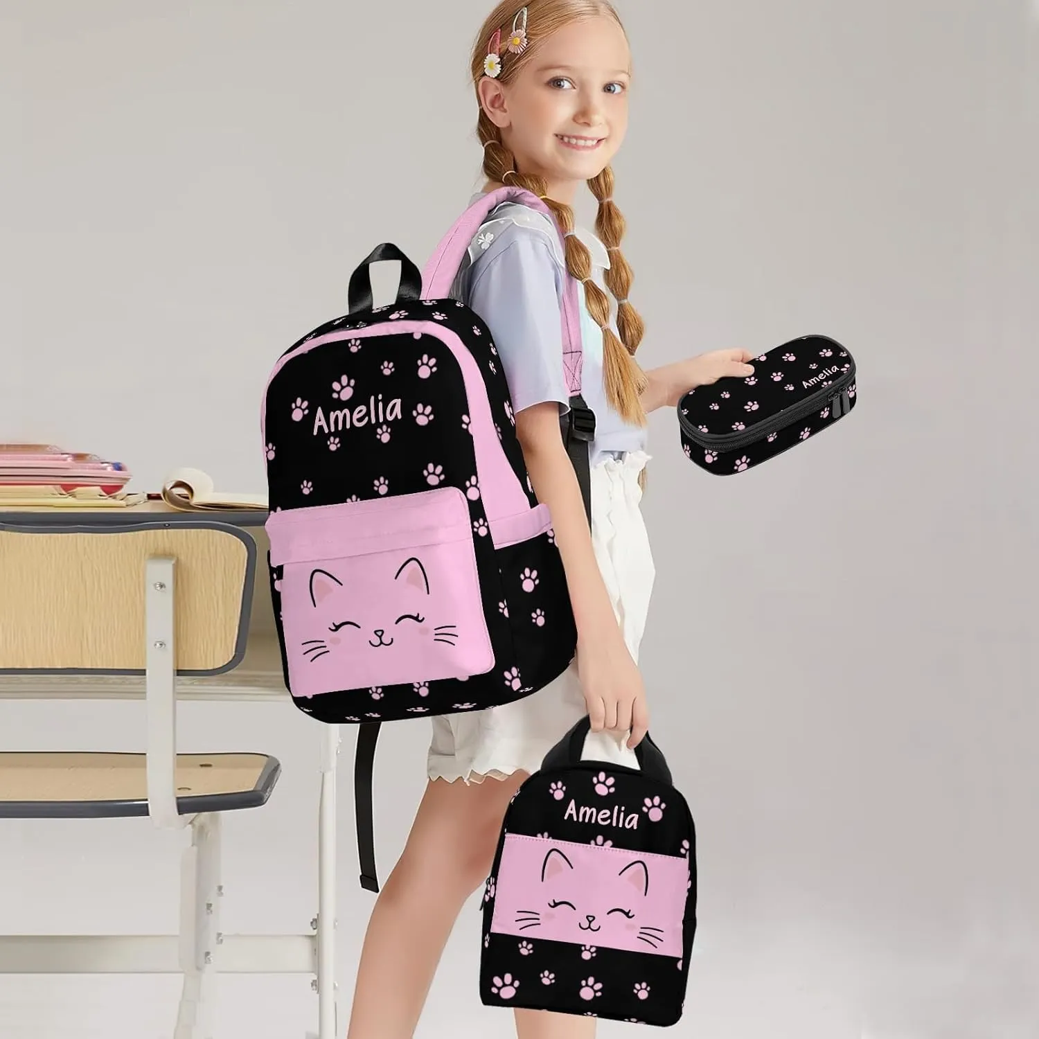Custom Backpack for Girls, Lightweight Backpack Set with Lunch Bag and Pencil Case 3 pcs, Schoolbag for Elementary Junior High School Students 6-8 10-12 14-18, BlackPink-Kitten