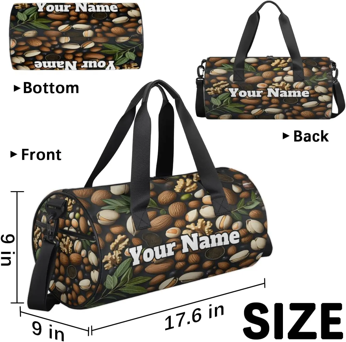 Custom Gym Bag for Women Men with Name, Personalized Nuts Duffel Bag for Sports, Waterproof Dance Bag, Lightweight Carryon Gym Bag, Colorful Nuts