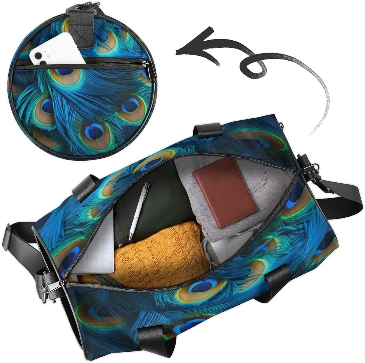 Custom Gym Bag for Women Men with Name, Personalized Peacock Feathers Duffel Bag for Sports, Waterproof Dance Bag, Lightweight Carryon Gym Bag, Peacock