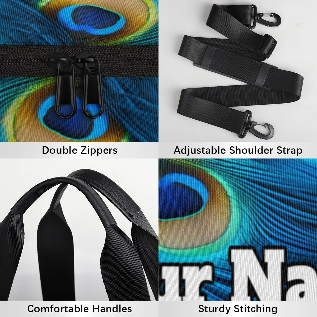 Custom Gym Bag for Women Men with Name, Personalized Peacock Feathers Duffel Bag for Sports, Waterproof Dance Bag, Lightweight Carryon Gym Bag, Peacock