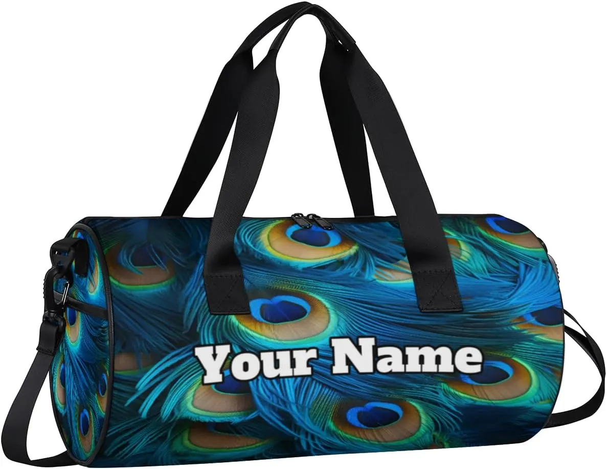 Custom Gym Bag for Women Men with Name, Personalized Peacock Feathers Duffel Bag for Sports, Waterproof Dance Bag, Lightweight Carryon Gym Bag, Peacock