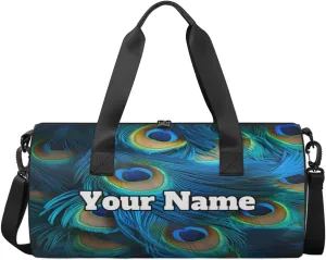 Custom Gym Bag for Women Men with Name, Personalized Peacock Feathers Duffel Bag for Sports, Waterproof Dance Bag, Lightweight Carryon Gym Bag, Peacock