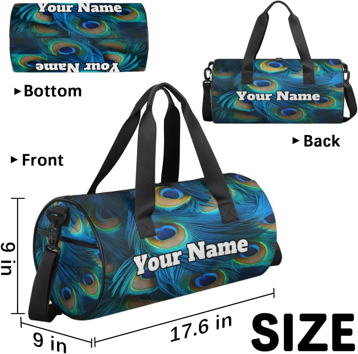 Custom Gym Bag for Women Men with Name, Personalized Peacock Feathers Duffel Bag for Sports, Waterproof Dance Bag, Lightweight Carryon Gym Bag, Peacock