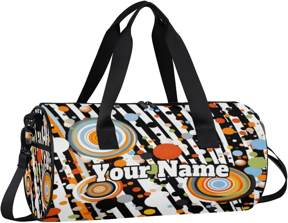 Custom Gym Bag for Women Men with Name, Personalized Polka Dots Duffel Bag for Sports, Waterproof Dance Bag, Lightweight Carryon Gym Bag, Stripes
