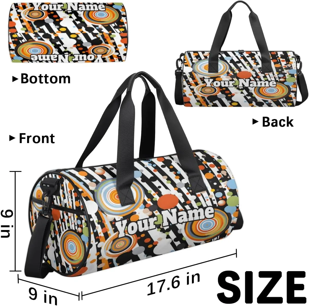 Custom Gym Bag for Women Men with Name, Personalized Polka Dots Duffel Bag for Sports, Waterproof Dance Bag, Lightweight Carryon Gym Bag, Stripes