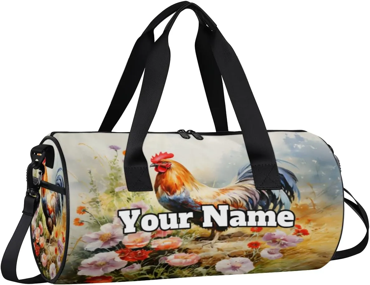 Custom Gym Bag for Women Men with Name, Personalized Rooster Duffel Bag for Sports, Waterproof Dance Bag, Lightweight Carryon Gym Bag, Wild Flower
