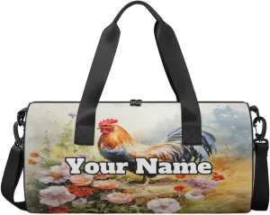 Custom Gym Bag for Women Men with Name, Personalized Rooster Duffel Bag for Sports, Waterproof Dance Bag, Lightweight Carryon Gym Bag, Wild Flower