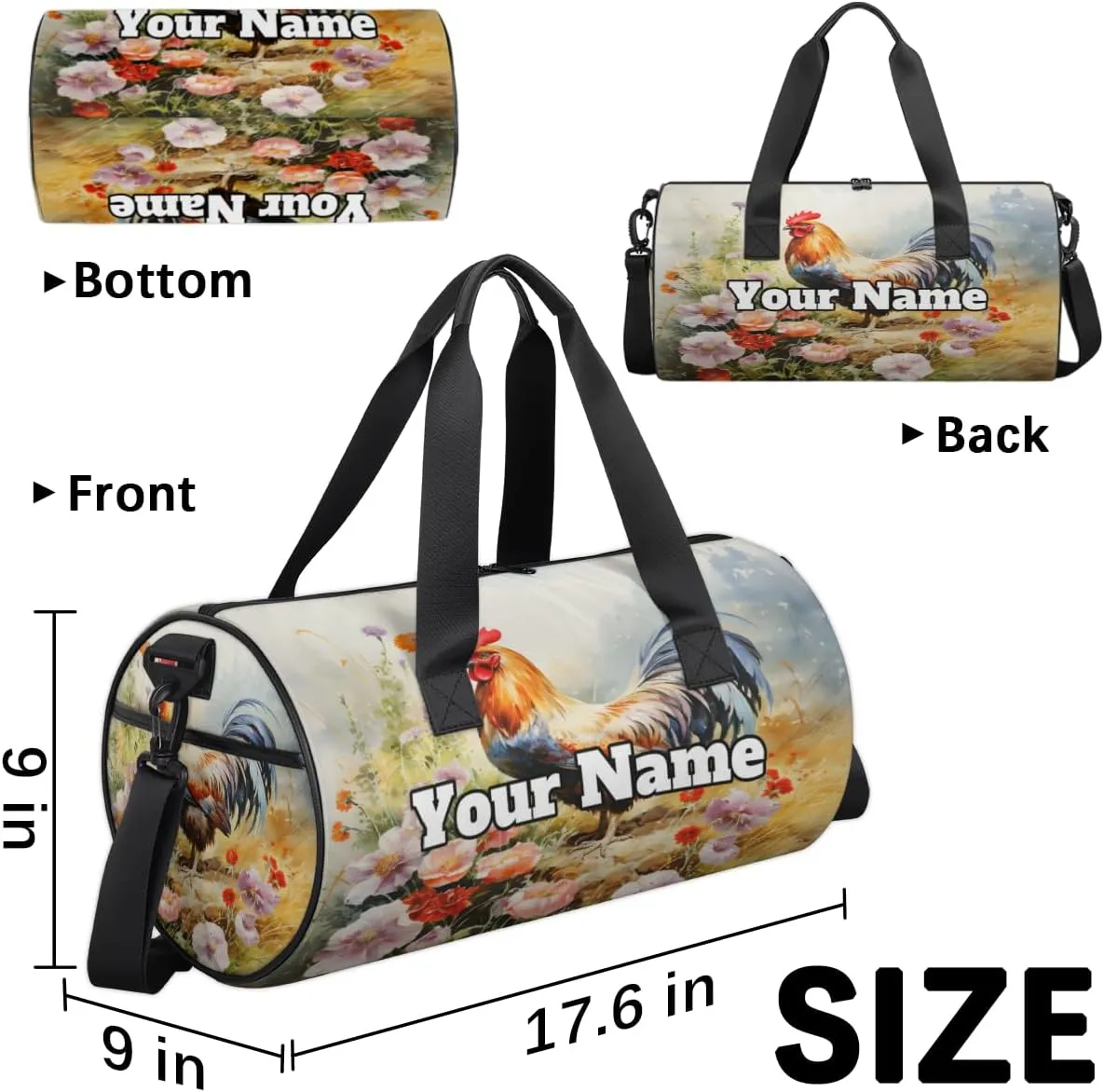 Custom Gym Bag for Women Men with Name, Personalized Rooster Duffel Bag for Sports, Waterproof Dance Bag, Lightweight Carryon Gym Bag, Wild Flower