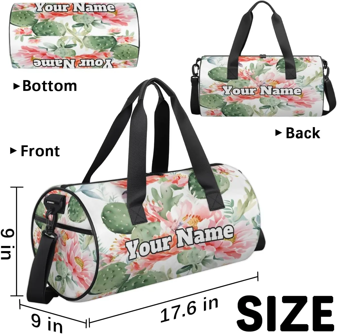Custom Gym Bag for Women Men with Name, Personalized Watercolor Cactus Duffel Bag for Sports, Waterproof Dance Bag, Lightweight Carryon Gym Bag, Cactus