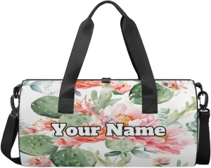 Custom Gym Bag for Women Men with Name, Personalized Watercolor Cactus Duffel Bag for Sports, Waterproof Dance Bag, Lightweight Carryon Gym Bag, Cactus