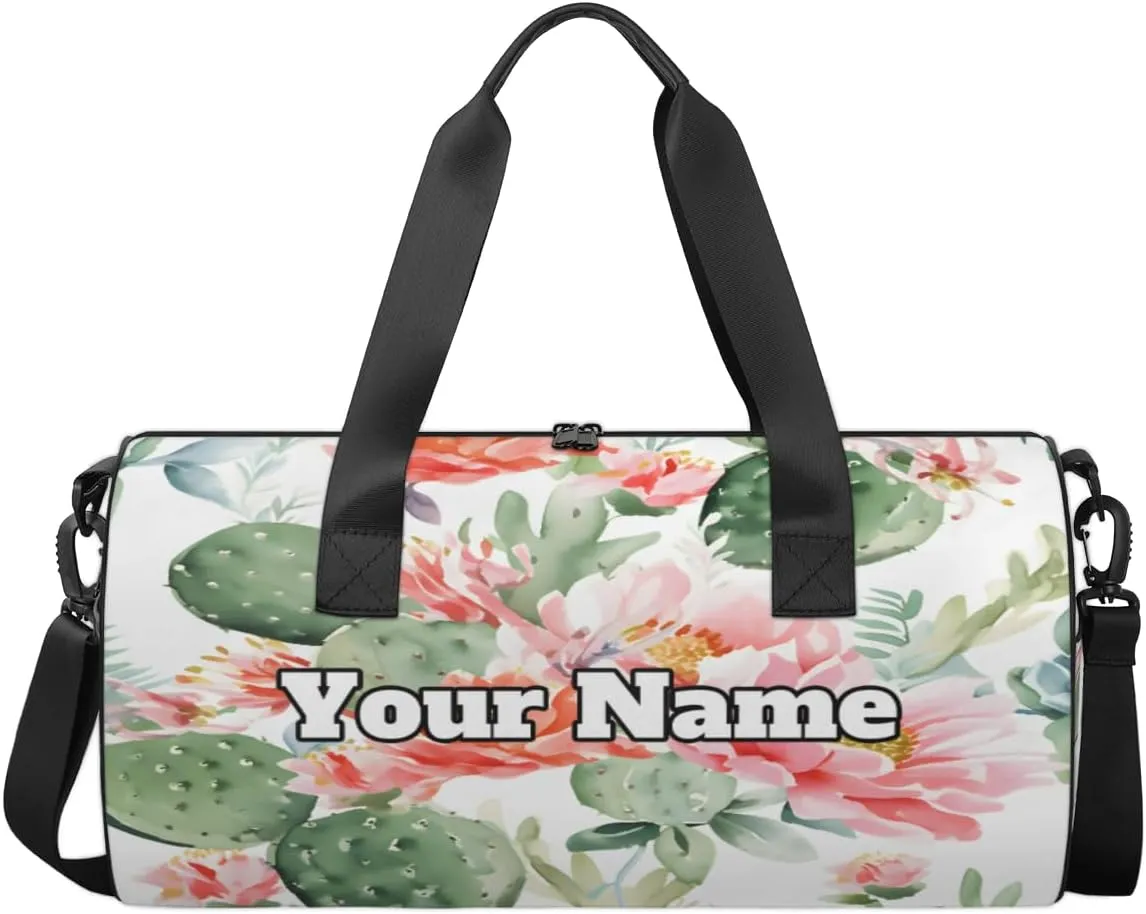 Custom Gym Bag for Women Men with Name, Personalized Watercolor Cactus Duffel Bag for Sports, Waterproof Dance Bag, Lightweight Carryon Gym Bag, Cactus