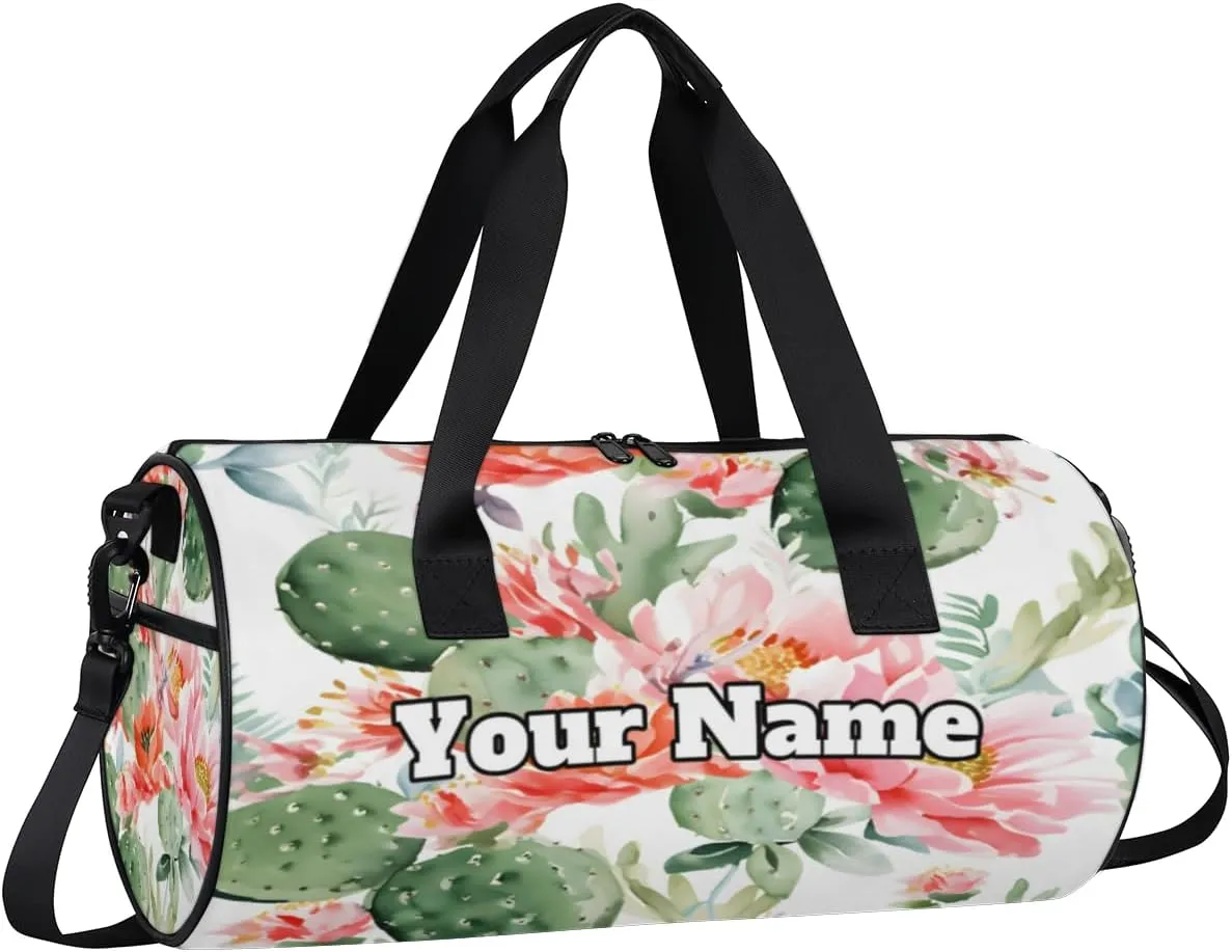 Custom Gym Bag for Women Men with Name, Personalized Watercolor Cactus Duffel Bag for Sports, Waterproof Dance Bag, Lightweight Carryon Gym Bag, Cactus