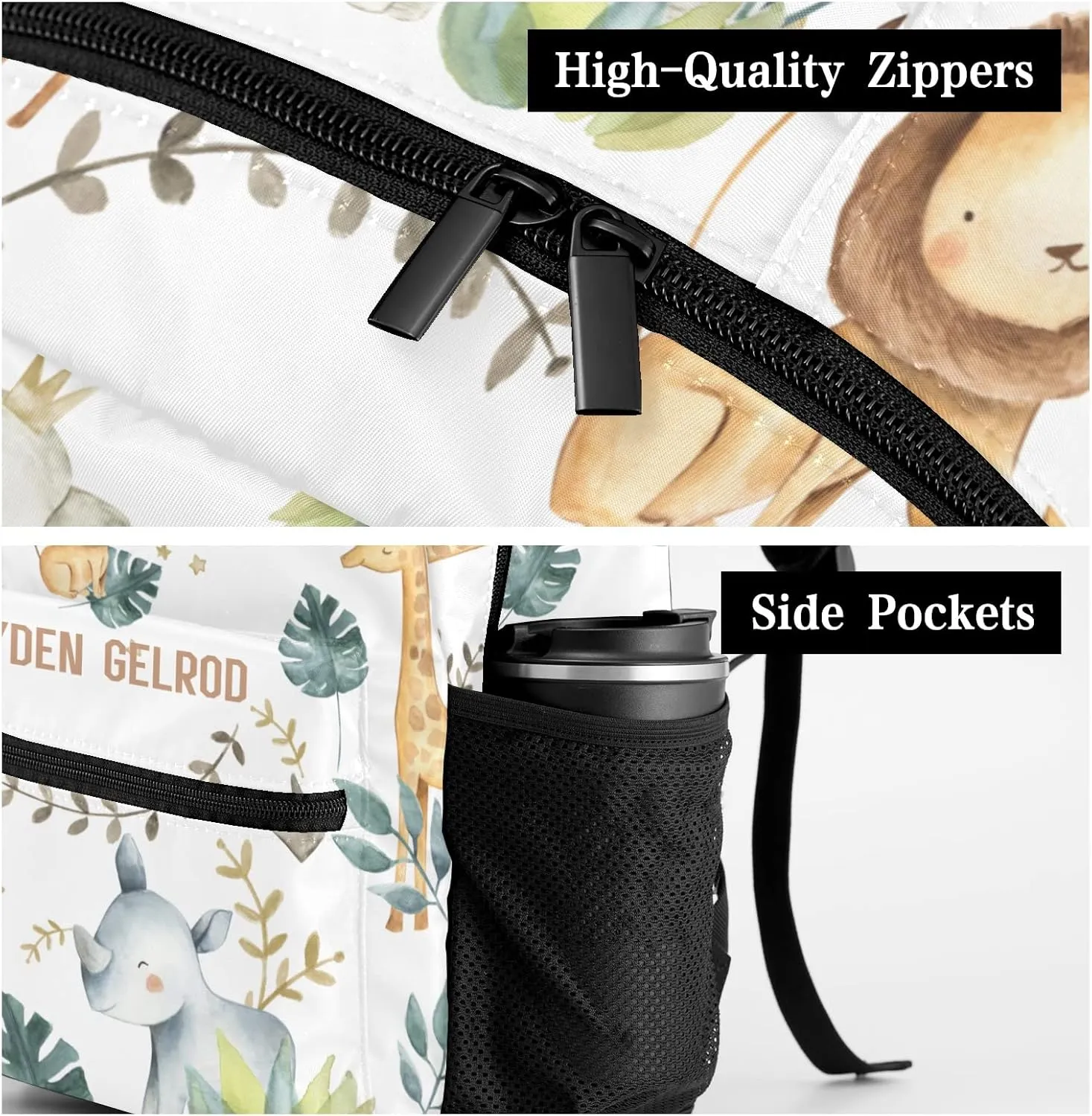 Custom Kid Backpack, Jungle Animals Safari Leaves Personalized School Bookbag with Your Own Name, Customization Casual Bookbags for Student Girls Boys