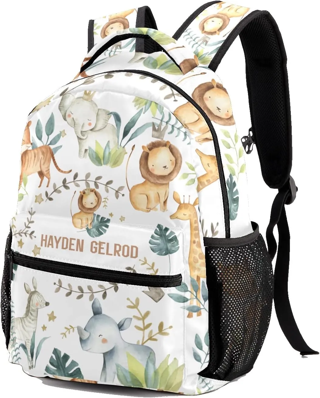 Custom Kid Backpack, Jungle Animals Safari Leaves Personalized School Bookbag with Your Own Name, Customization Casual Bookbags for Student Girls Boys