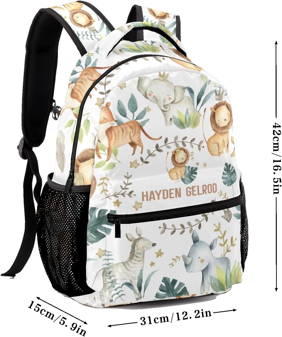 Custom Kid Backpack, Jungle Animals Safari Leaves Personalized School Bookbag with Your Own Name, Customization Casual Bookbags for Student Girls Boys